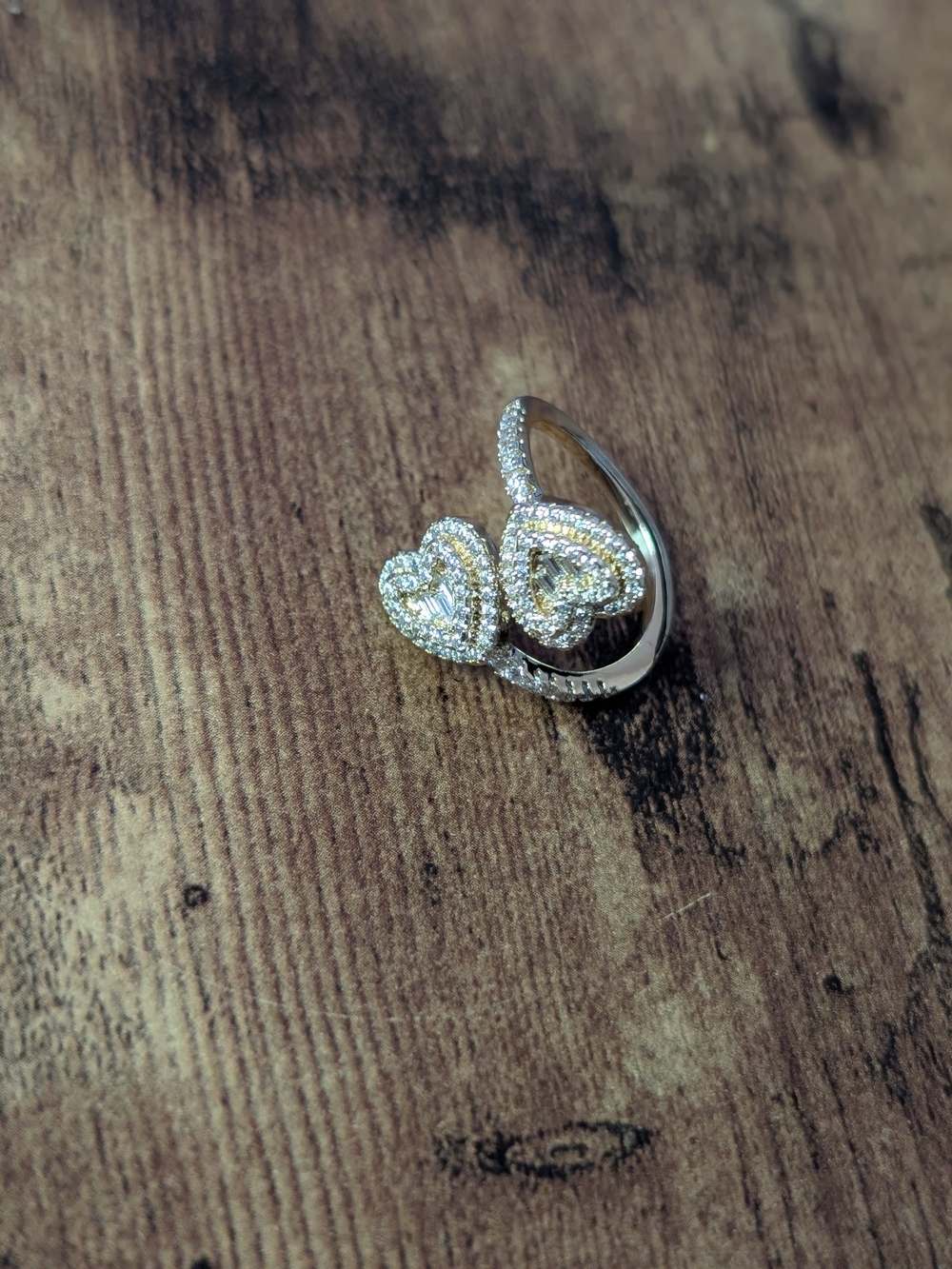 Double Heart Adjustable Pavé Ring in White and Gold Tones